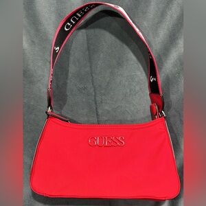 Y2K Sporty Red Guess Brand Nylon Shoulder Bag with Logo Strap